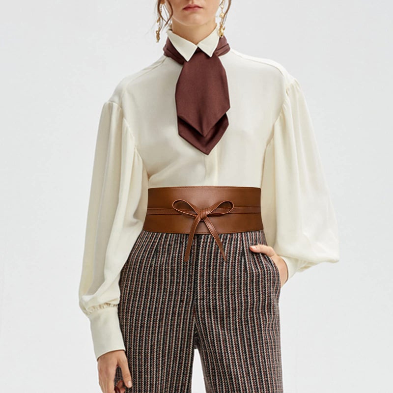 macoking Thick Brown Wide Obi Belts for Women Faux Leather Corset with Lace Up Wrap Style M - Image 3
